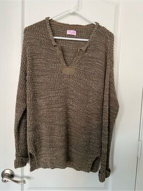 Pink Lily Olive Taupe V-Neck Knit Sweater
